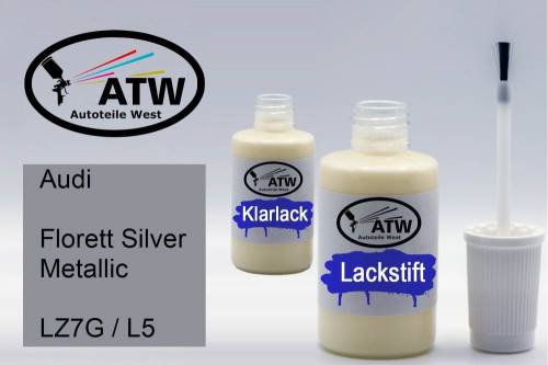 Audi, Florett Silver Metallic, LZ7G / L5: 20ml Lackstift + 20ml Klarlack - Set, von ATW Autoteile West.